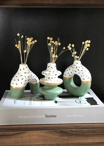 Pastel Beyaz Dekoratif Seramik Vazo Seti