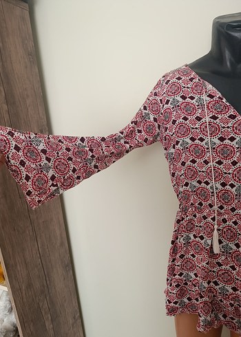 Pembe Bohem V Yaka Mini Elbise - Görsel 2