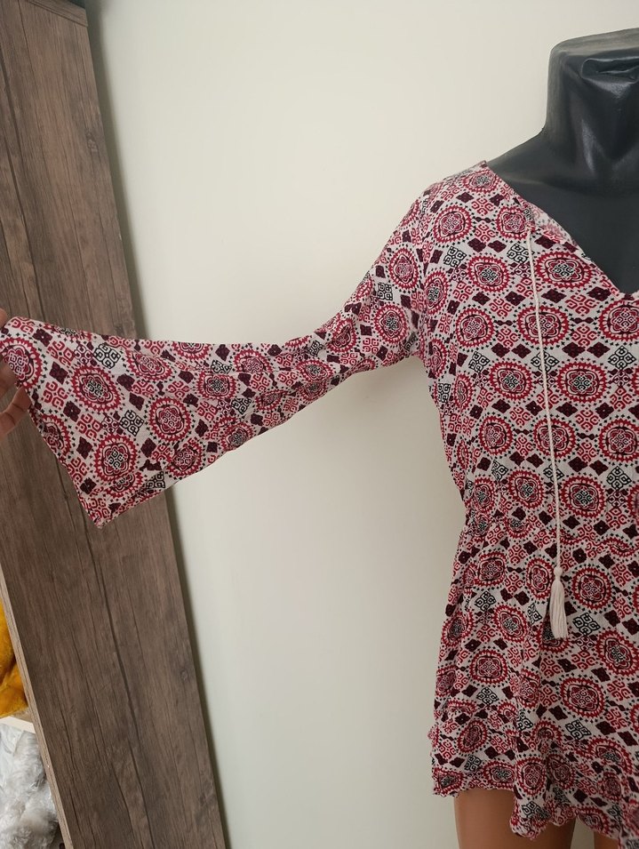 Pembe Bohem V Yaka Mini Elbise - Görsel 2