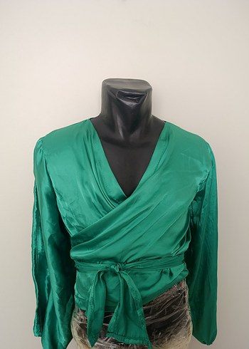 Yeşil Parlak V Yaka Kadın Bluz - Görsel 2