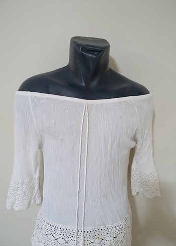 Dantel Detaylı Beyaz Keten Bohem Bluz - Görsel 2