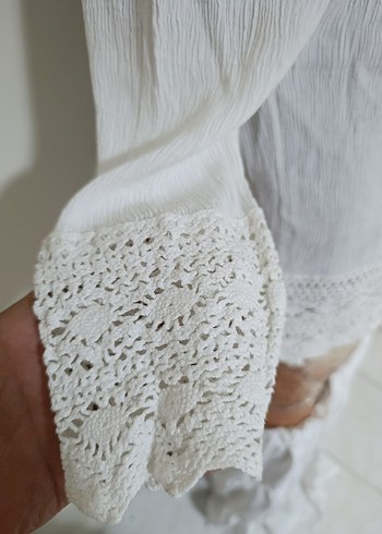 Dantel Detaylı Beyaz Keten Bohem Bluz - Görsel 3