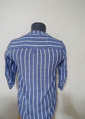 Çizgili Lacivert Keten Kadın Gömlek - Görsel 4