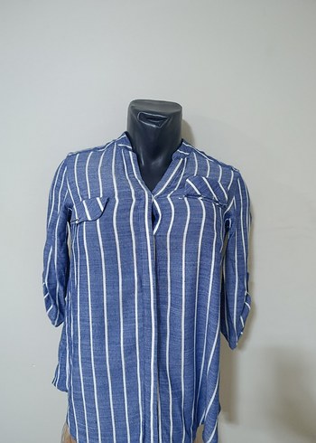 Çizgili Lacivert Keten Kadın Gömlek - Görsel 2