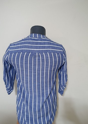 Çizgili Lacivert Keten Kadın Gömlek - Görsel 3