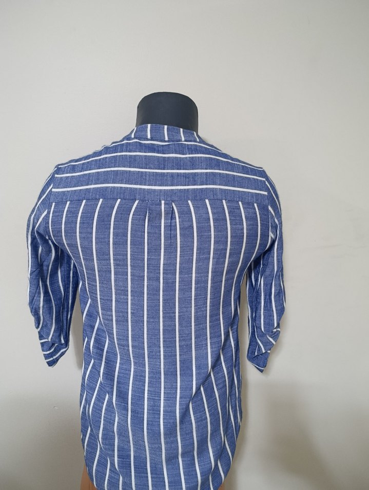 Çizgili Lacivert Keten Kadın Gömlek - Görsel 4