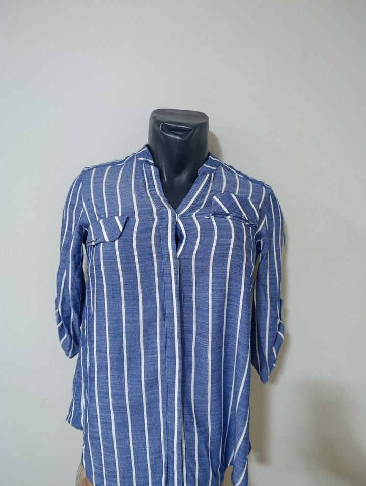 Çizgili Lacivert Keten Kadın Gömlek - Görsel 2