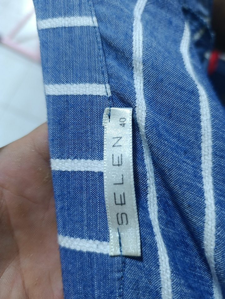 Çizgili Lacivert Keten Kadın Gömlek - Görsel 5