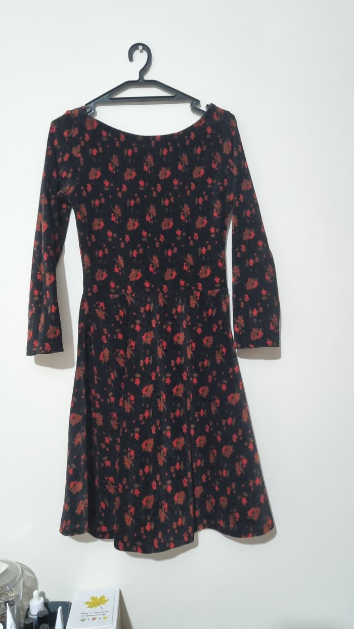 Kırmızı Siyah Bağlama Desenli Uzun Kollu Midi Elbise - Görsel 2