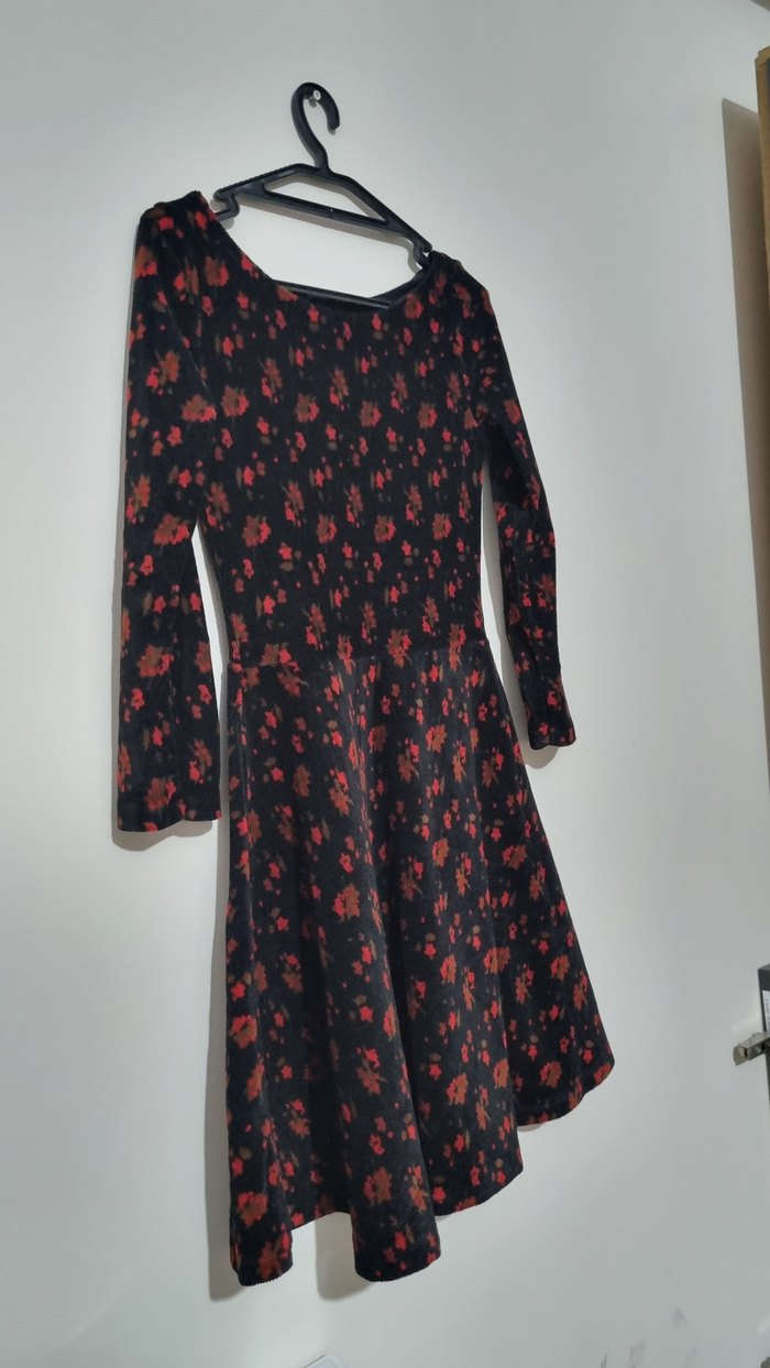 Kırmızı Siyah Bağlama Desenli Uzun Kollu Midi Elbise - Görsel 5