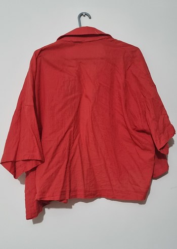 Düğmeli Kırmızı Keten Kadın Gömlek - Görsel 5