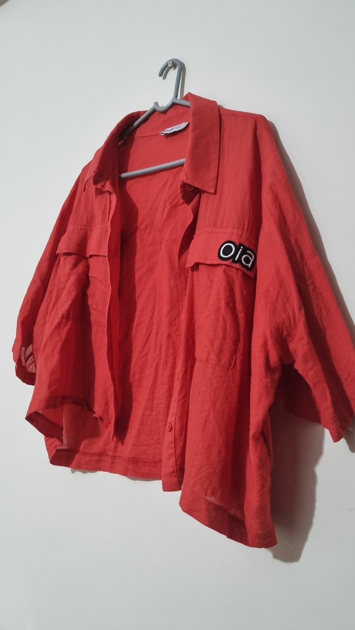 Düğmeli Kırmızı Keten Kadın Gömlek - Görsel 3