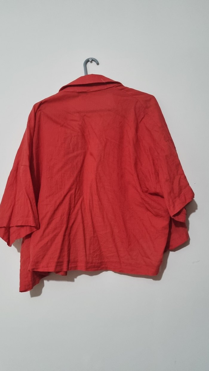 Düğmeli Kırmızı Keten Kadın Gömlek - Görsel 4