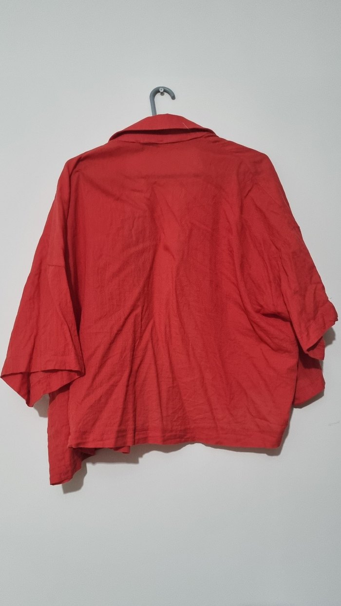 Düğmeli Kırmızı Keten Kadın Gömlek - Görsel 5