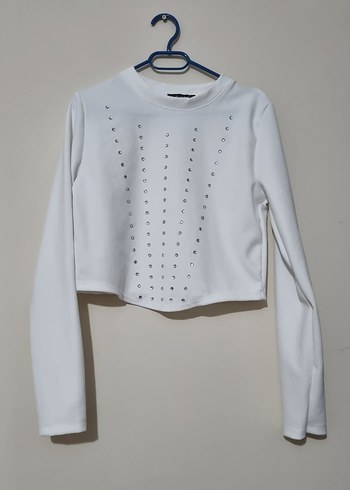 Kadın Beyaz Uzun Kollu Crop Sweatshirt