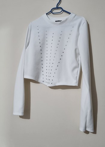 Kadın Beyaz Uzun Kollu Crop Sweatshirt - Görsel 5