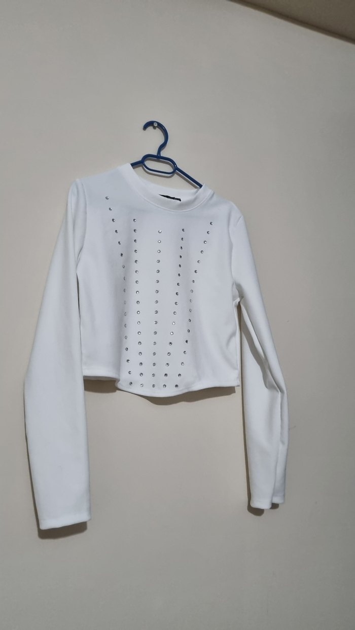 Kadın Beyaz Uzun Kollu Crop Sweatshirt - Görsel 2