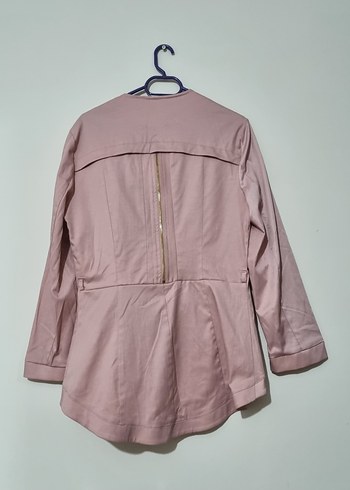 Pembe ,önden ve arkadan fermuar detaylı Midi ,pastel pembe Ceket - Görsel 5