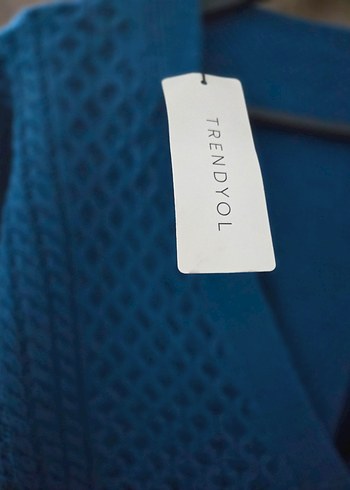 Mavi V Yaka Örgü Kadın Hırka - Görsel 3