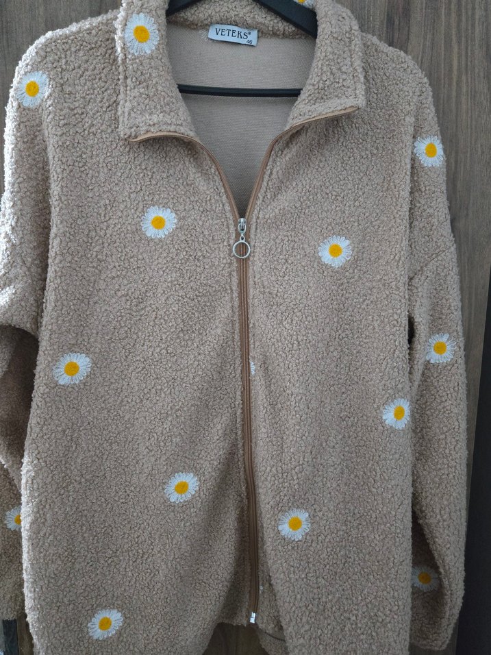 Nakışlı Fermuarlı Bej Kadın Ceket - Görsel 3