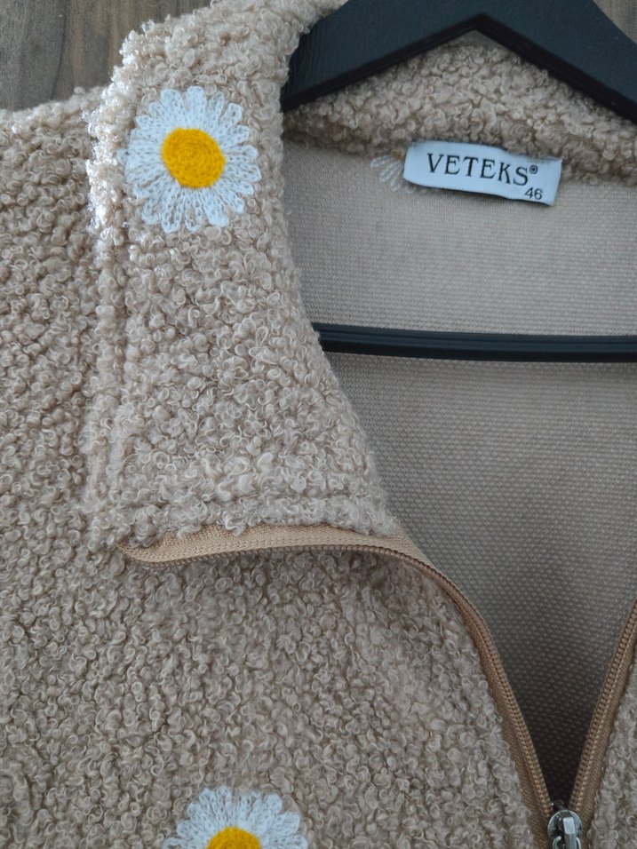 Nakışlı Fermuarlı Bej Kadın Ceket - Görsel 2