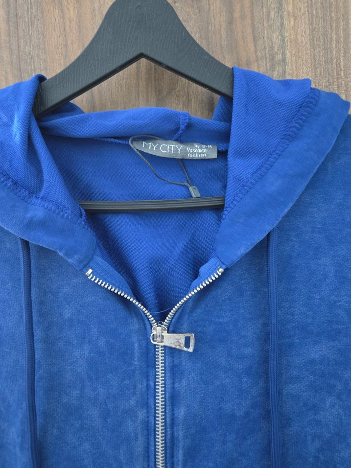 Mavi Kapüşonlu Fermuarlı Sweatshirt - Görsel 2