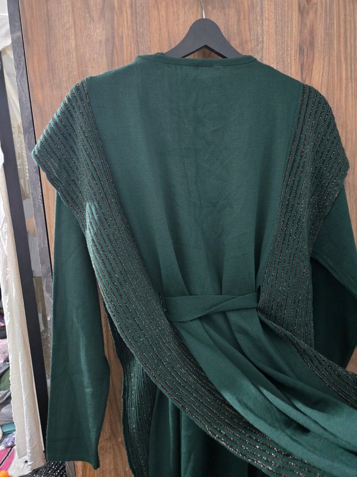 Uzun Kollu, Kemerli Yeşil Kadın Elbise - Görsel 3