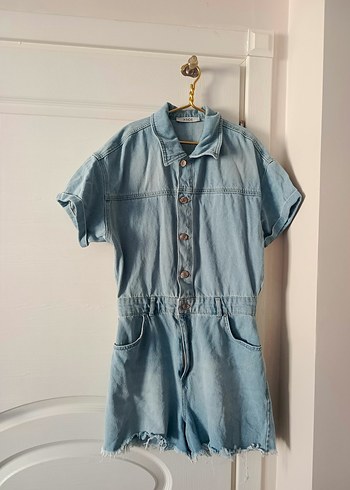 Kadın Mavi Denim Kısa Tulum