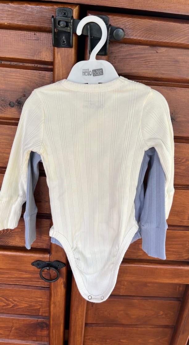 İkili beyaz ve gri  Uzun Kollu Düğmeli Bebek Body - Görsel 3