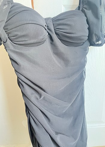 Drapeli Siyah Straplez Uzun Kadın Elbise - Görsel 4