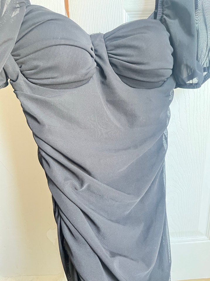 Drapeli Siyah Straplez Uzun Kadın Elbise - Görsel 4