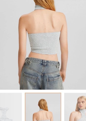 Kadın Gri Yüksek Yakalı Kısa Örme Crop Top - Görsel 2
