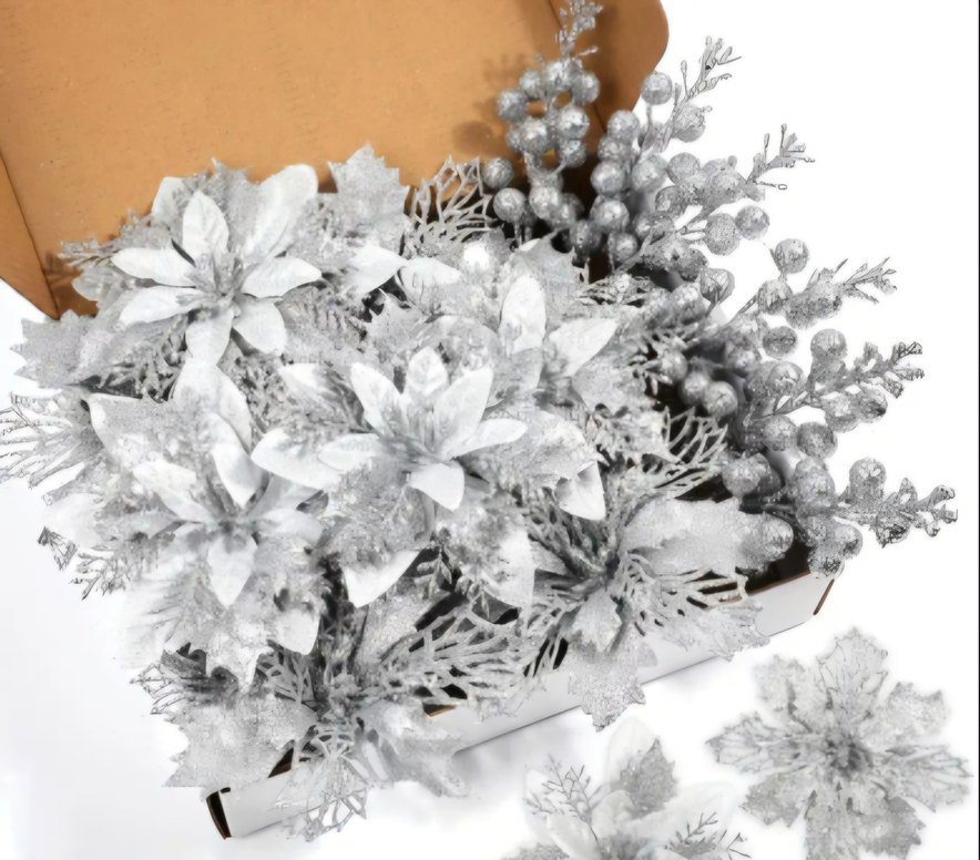 çam ağacı süs poinsettia çiçek seti 9 lu - Görsel 3