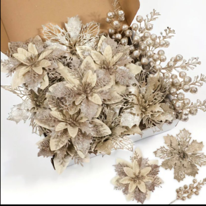 çam ağacı süs poinsettia çiçek seti 9 lu - Görsel 2