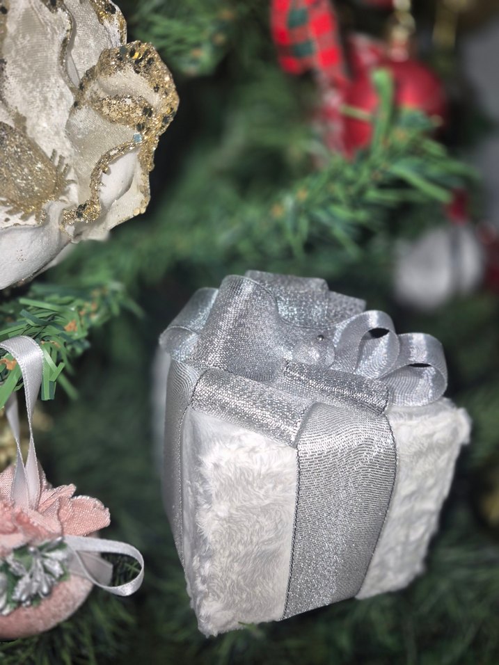 Beyaz Peluş Gümüş Kurdeleli Hediye paketi - Görsel 2