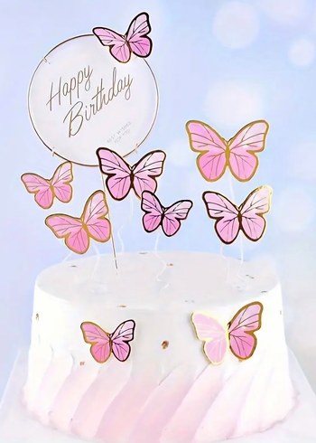 pembe kelebek, happybirthday yazı süs ve top süs - Görsel 2