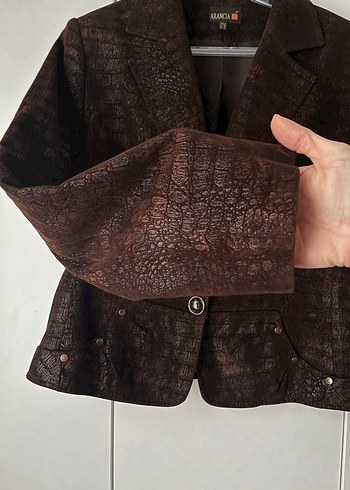 Düğmeli Kahverengi Deri Yılan Desenli Blazer - Görsel 3