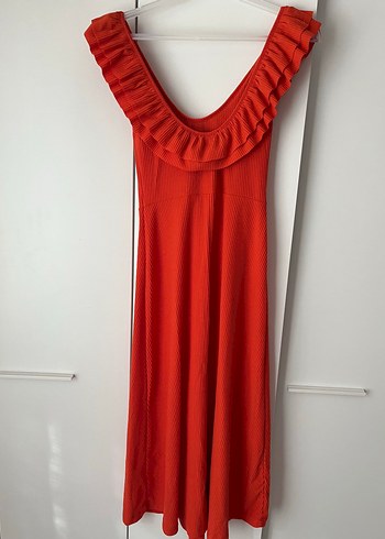 Turuncu Fırfırlı Midi Elbise - Görsel 3