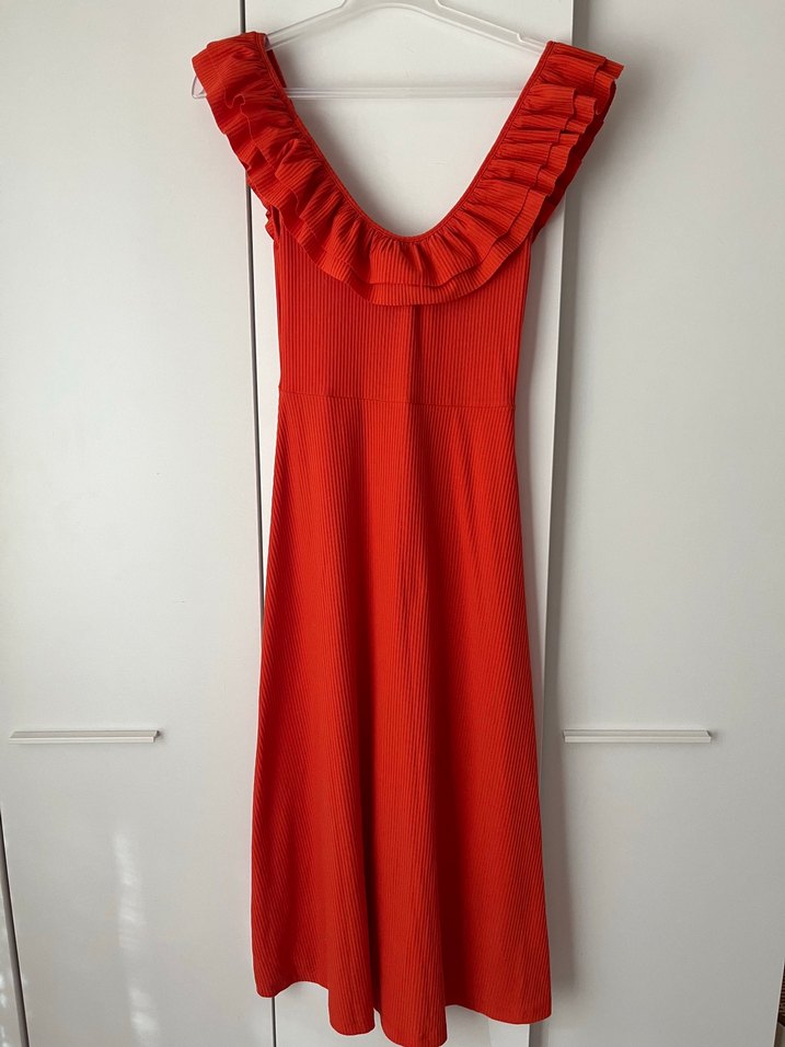 Turuncu Fırfırlı Midi Elbise - Görsel 2