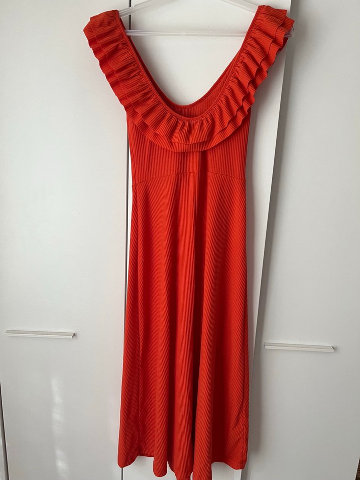 Turuncu Fırfırlı Midi Elbise - Görsel 3