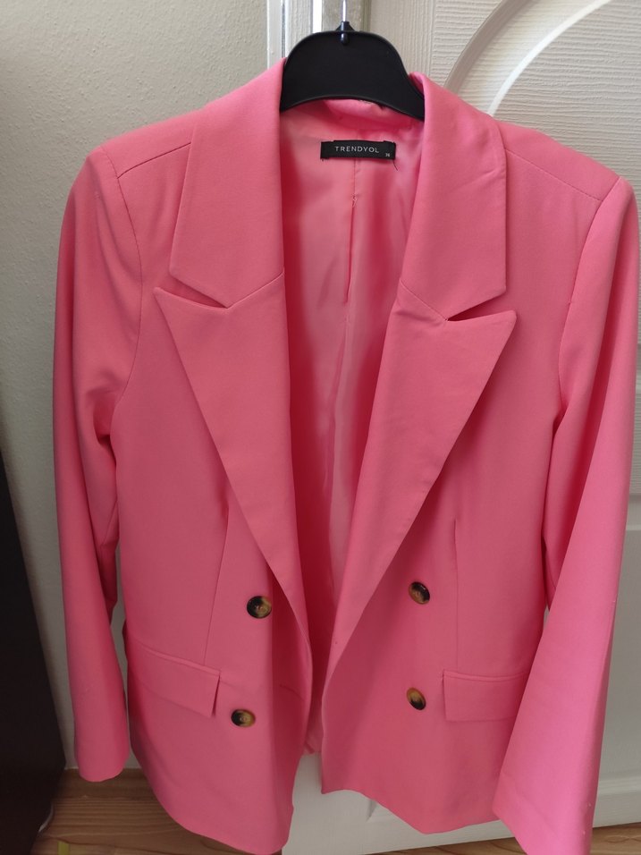 Düğmeli Uzun Pembe Kadın Blazer Ceket - Görsel 2