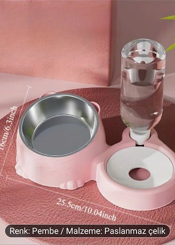 Pembe Paslanmaz Çelik Otomatik Su ve Mama Kabı
