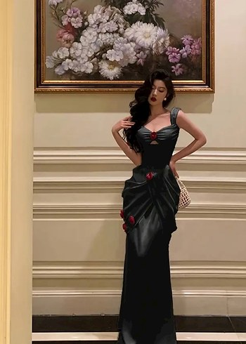 Siyah Drapeli Uzun Kadın Elbise - Görsel 2