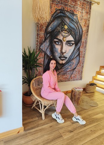 Pembe Kapüşonlu Bağlama Desenli Rahat Kadın Eşofman