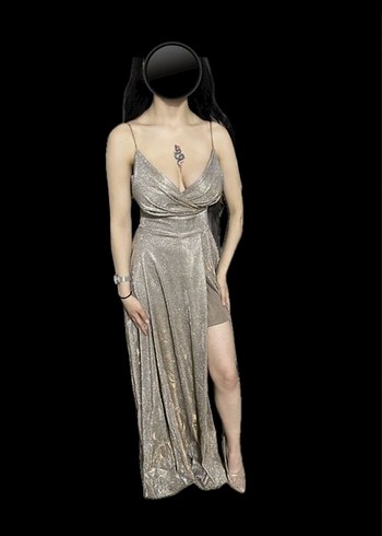 Parlak Altın Renkli Uzun Abiye Elbise - Görsel 3