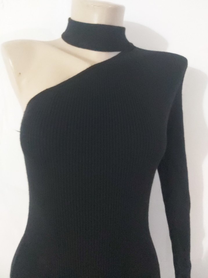 Yüksek Yakalı Siyah Uzun Kadın Triko Elbise - Görsel 2