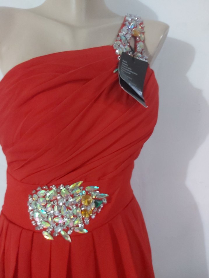 Uzun Kırmızı Drapeli Straplez Abiye Elbise - Görsel 2