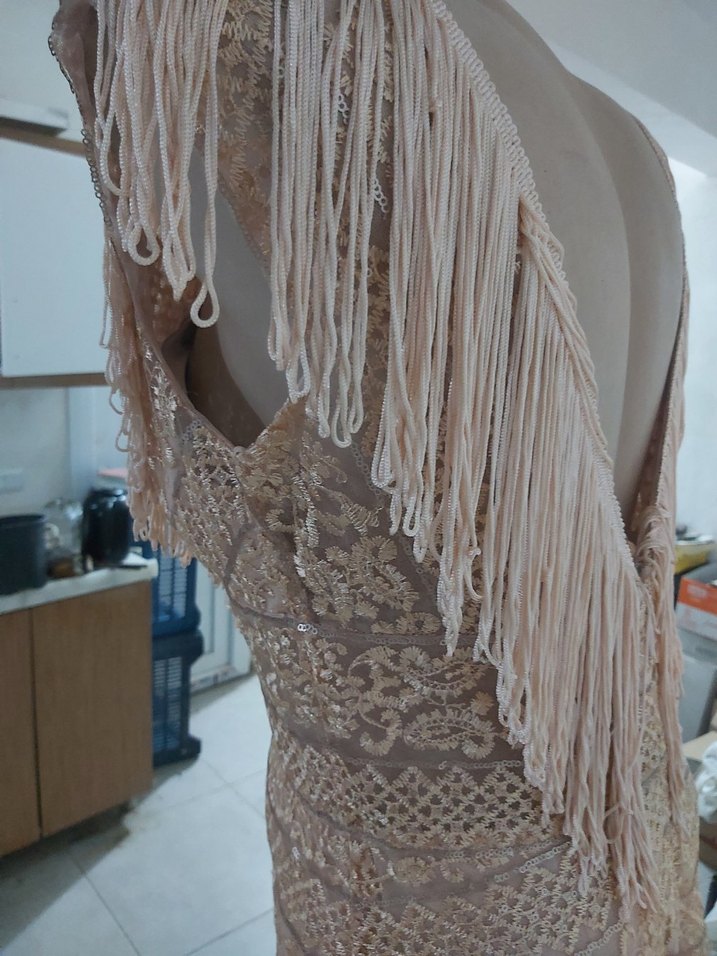 Bej Yılan Desenli Drapeli Uzun Abiye Elbise - Görsel 3