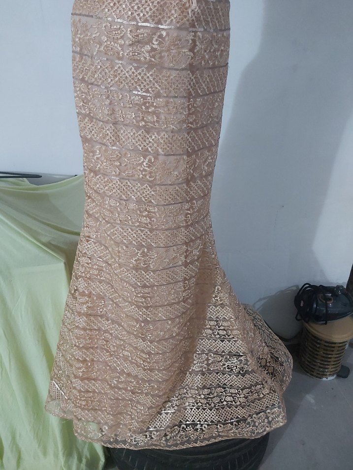 Bej Yılan Desenli Drapeli Uzun Abiye Elbise - Görsel 4