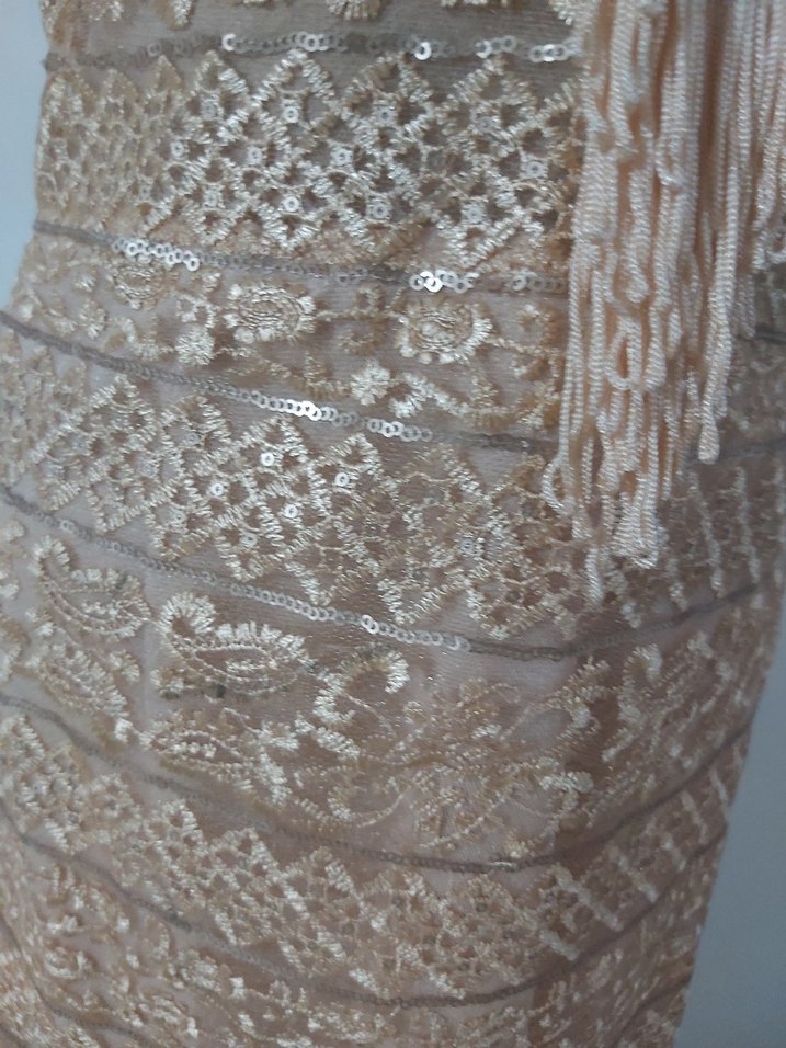 Bej Yılan Desenli Drapeli Uzun Abiye Elbise - Görsel 5